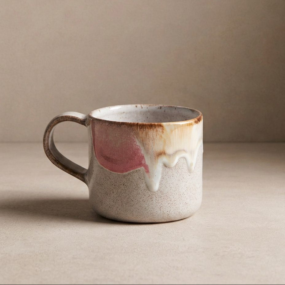 Ceramic mug with abstract design on a beige background