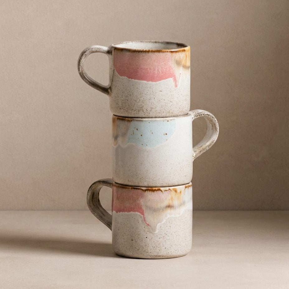 Stack of three ceramic mugs with marbled design on a beige background