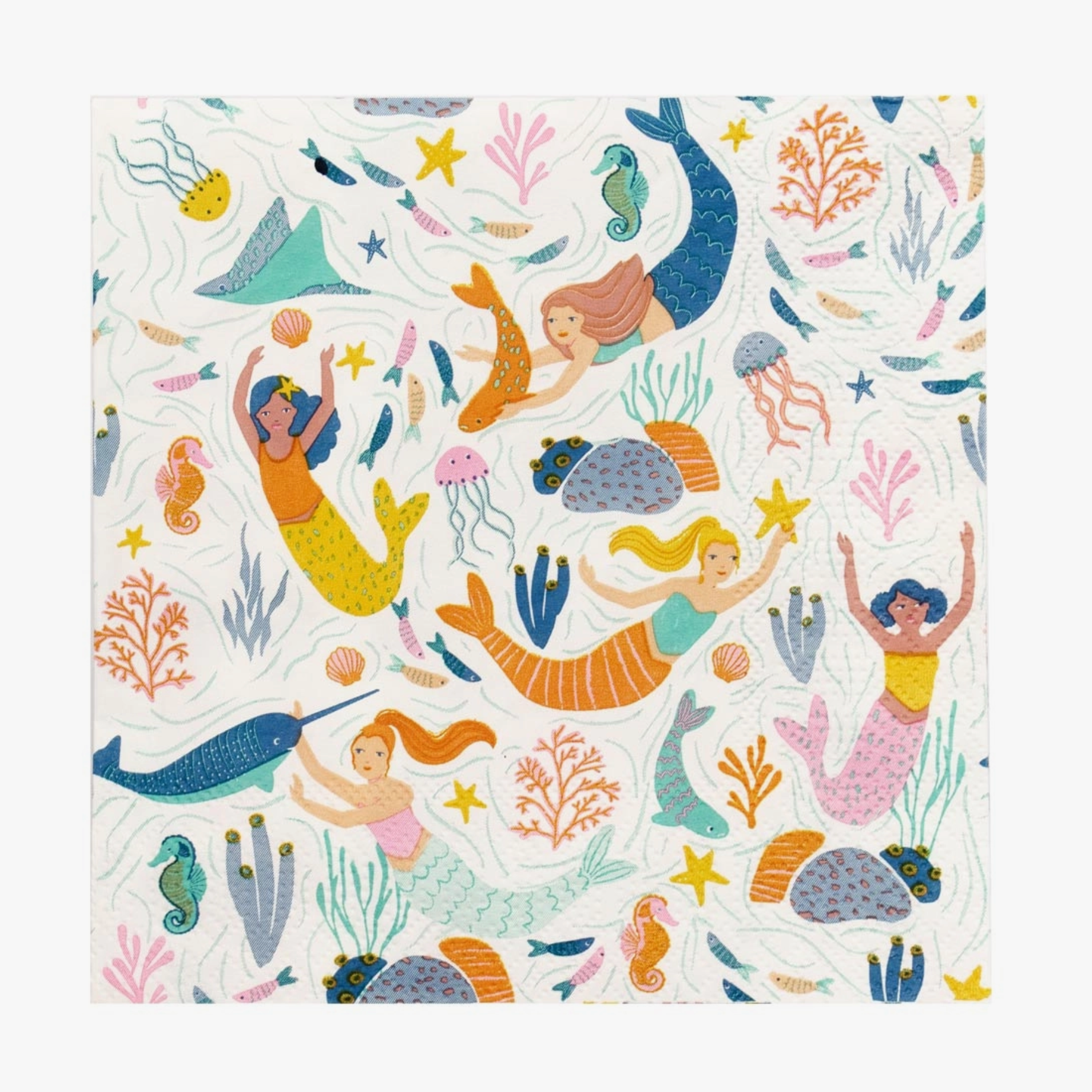 A patterned paper napkin featuring a colorful illustration of mermaids and sea life.