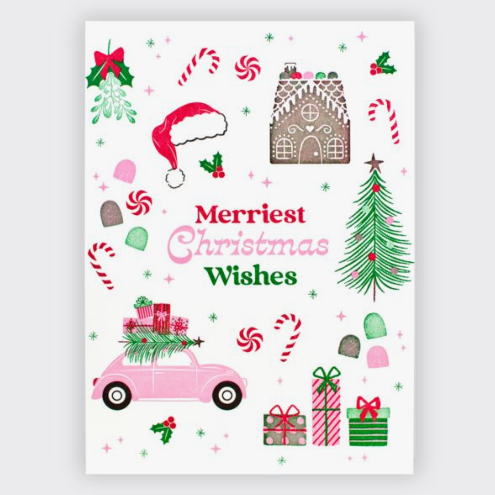 White christmas greeting card with christmas themed icons in pinks and greens
