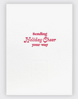 Red text inside the card reads "sending holiday cheer your way"