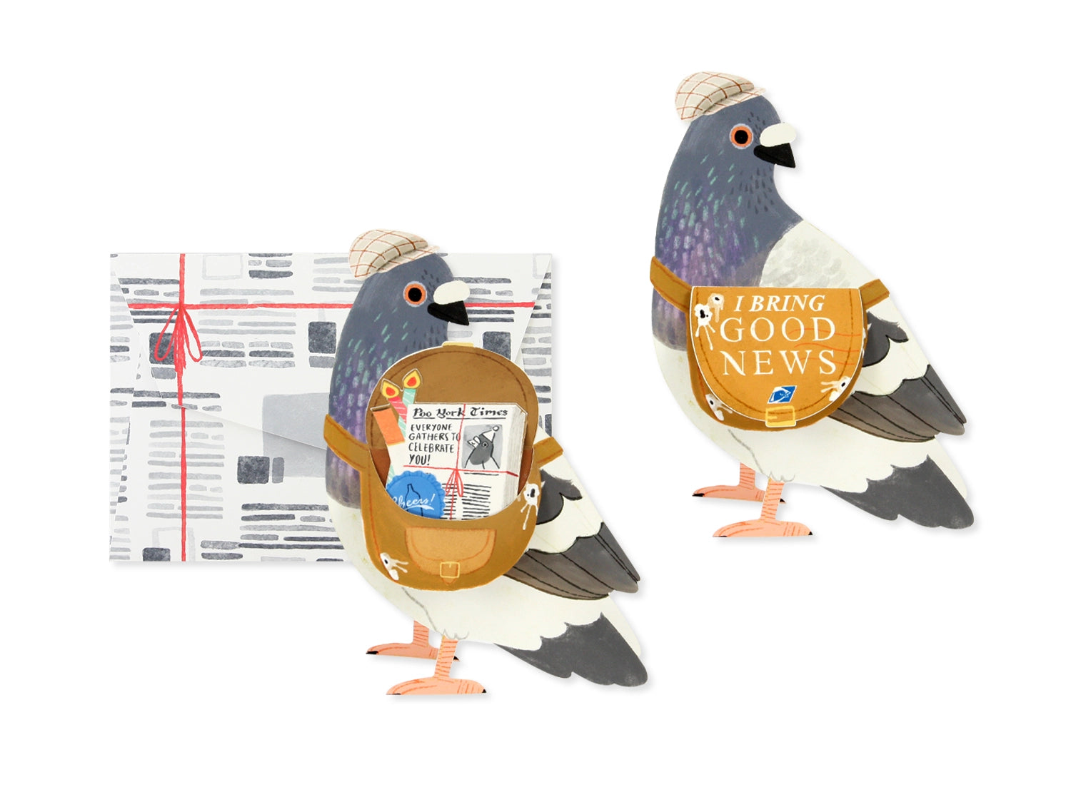 A pigeon shaped greeting card accompanied wiht a news paper designed envelope.