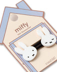 Packaging of Miffy hair ties with the character's cute rabbit design on hair ties, presented in a pastel pink and blue card with the brand name 'miffy' printed above.