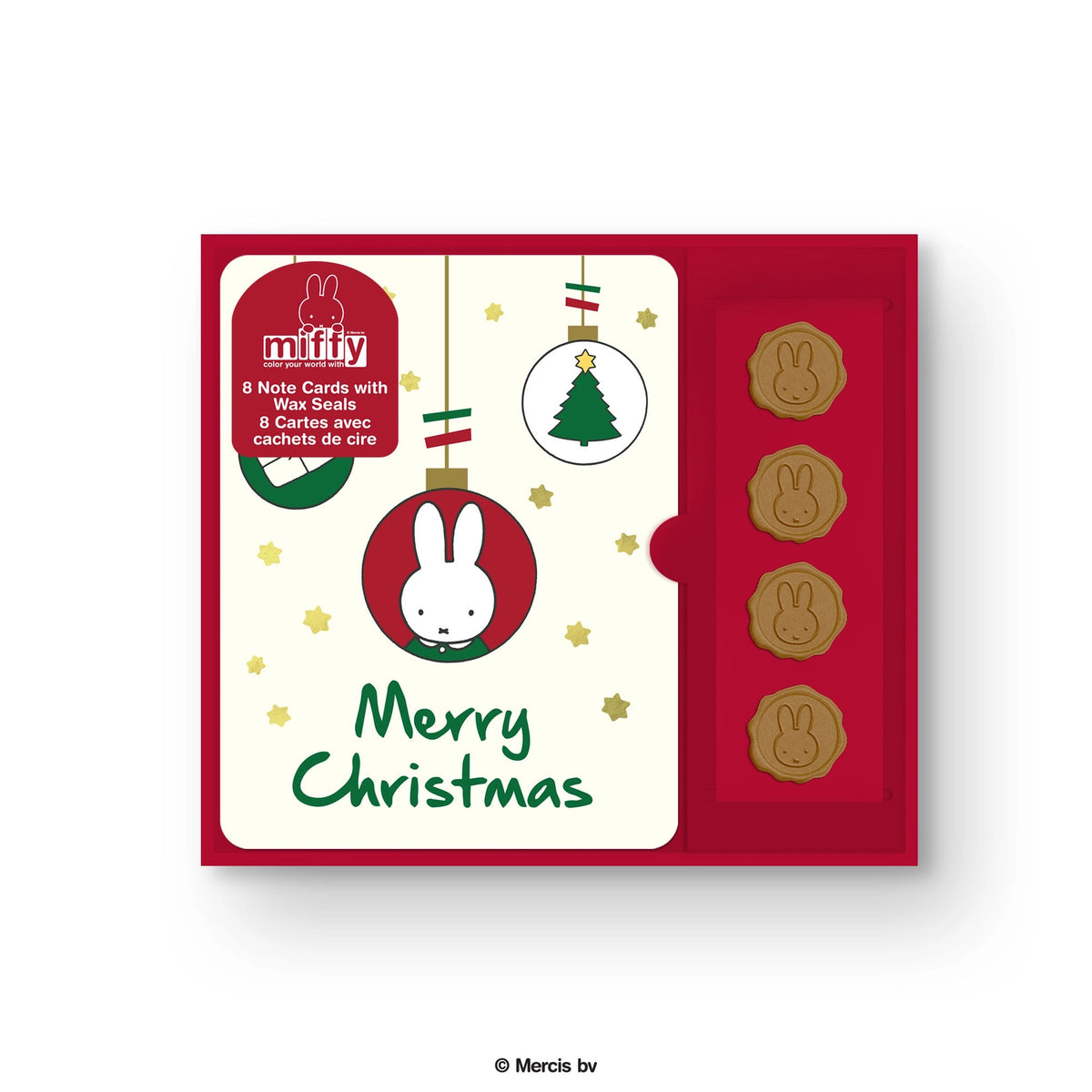 boxed set of miffy themed christmas cards with 4 miffy wax seals on white background