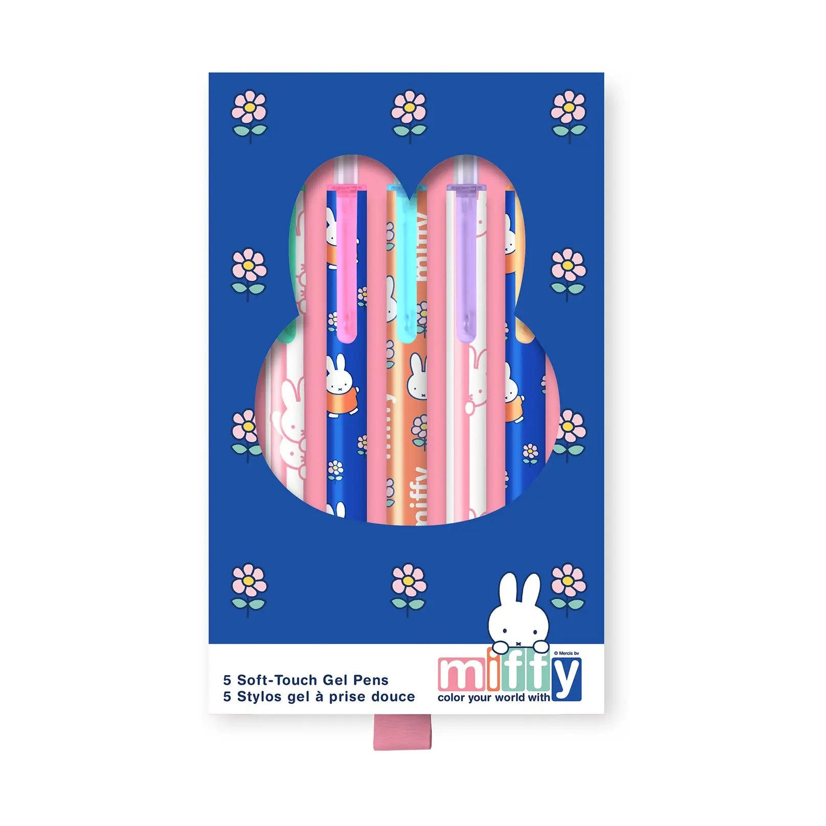 Set of 5 assorted colors miffy pens in gift box with floral design on white background