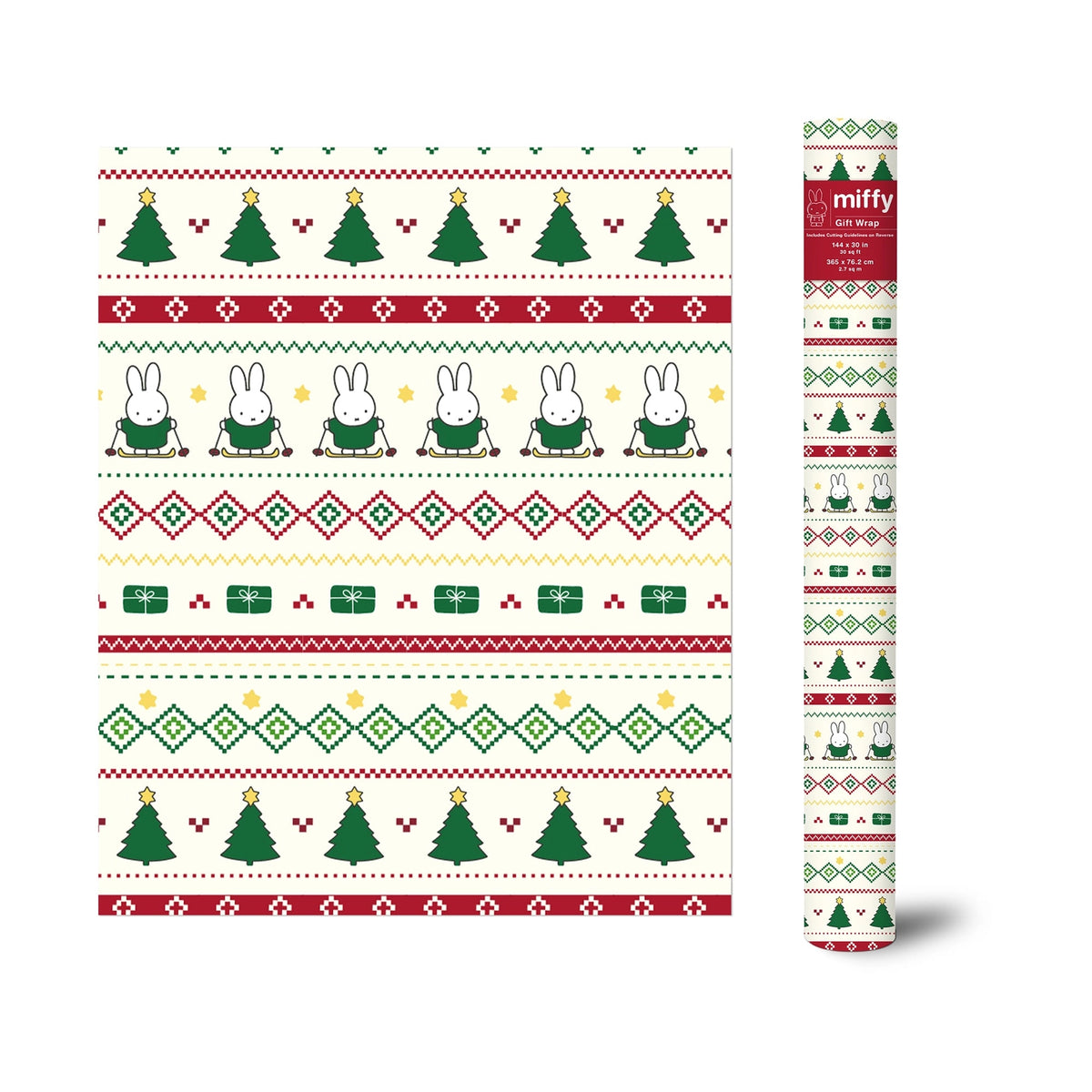 ivory gift wrap roll featuring Miffy and Christmas holiday motifs like christmas trees and presents