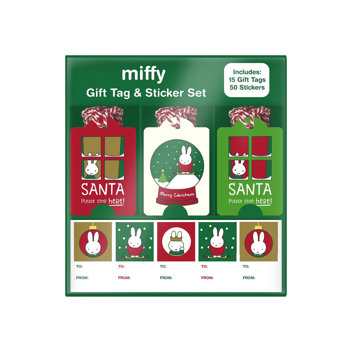 box packaging with assortment of Miffy themed gift tags and to/from stickers on white background