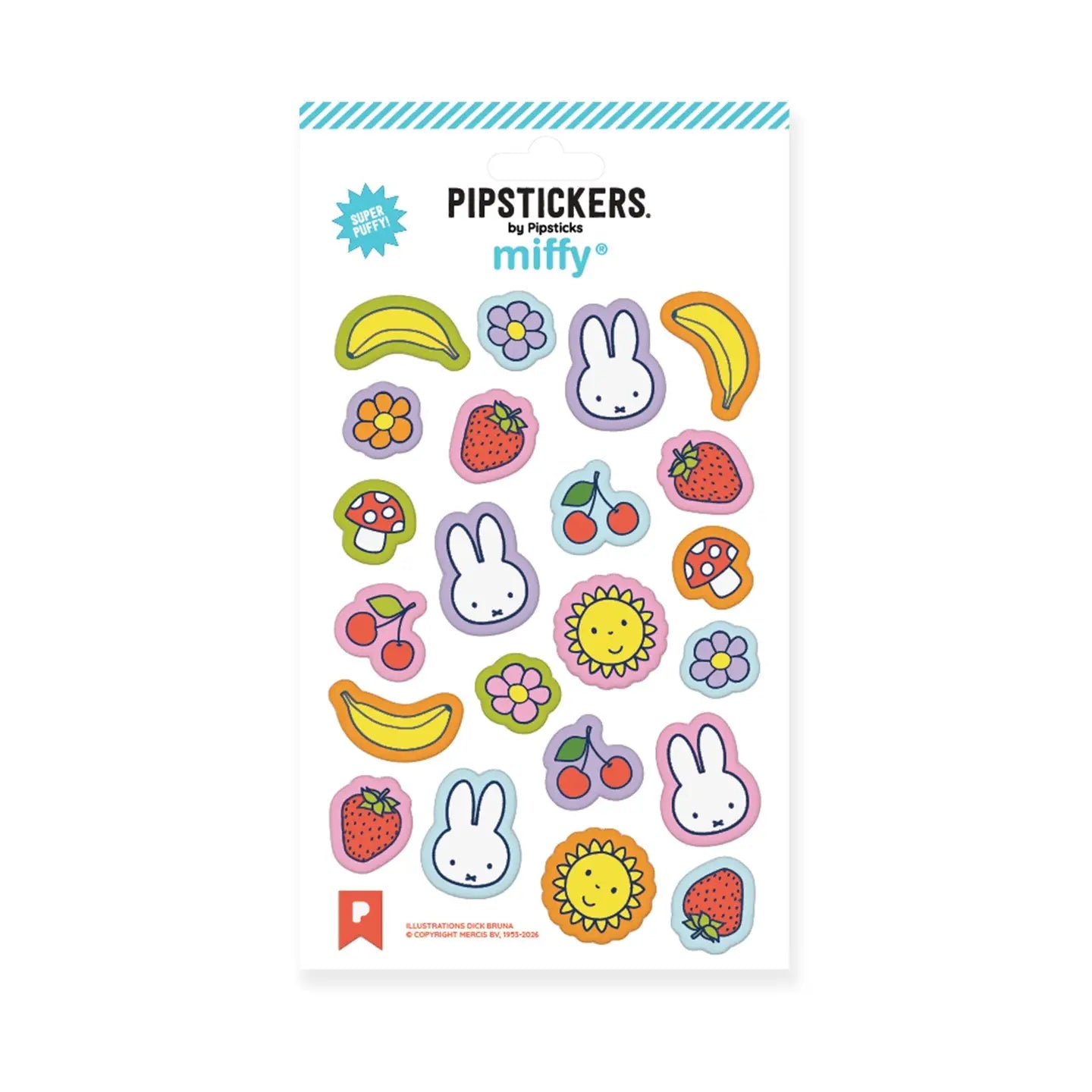 A sheet of Miffy branded PIPSTICKERS by Poplars, featuring colorful cartoon illustrations of rabbits, strawberries, cherries, bananas, flowers, and smiley faces on a white background.