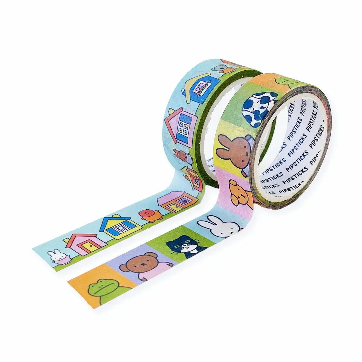 Three rolls of decorative washi tape with colorful cartoon illustrations, including houses, a bunny, a cow, and animals, shown on a plain white background.