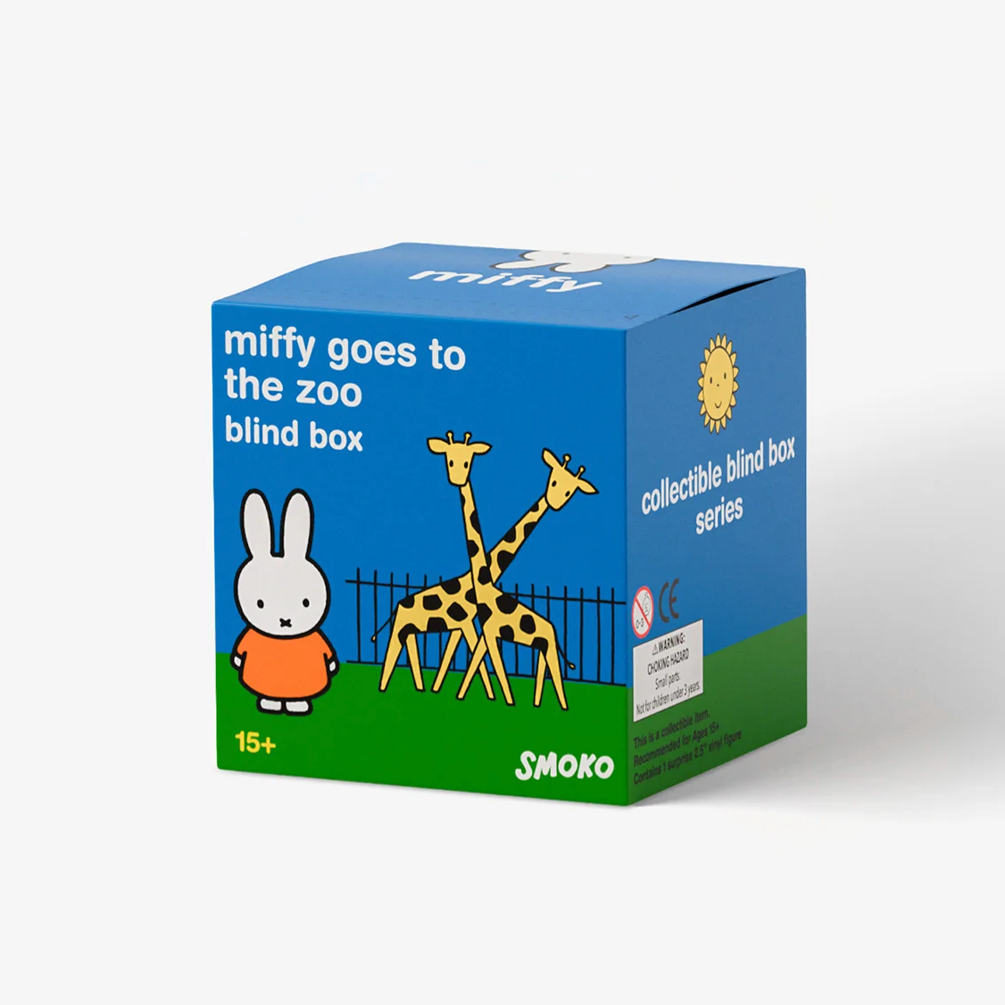 A blue and green product box for the 'miffy goes to the zoo blind box' by SMOKO, featuring illustrations of Miffy and two giraffes, shown on a clean white background.