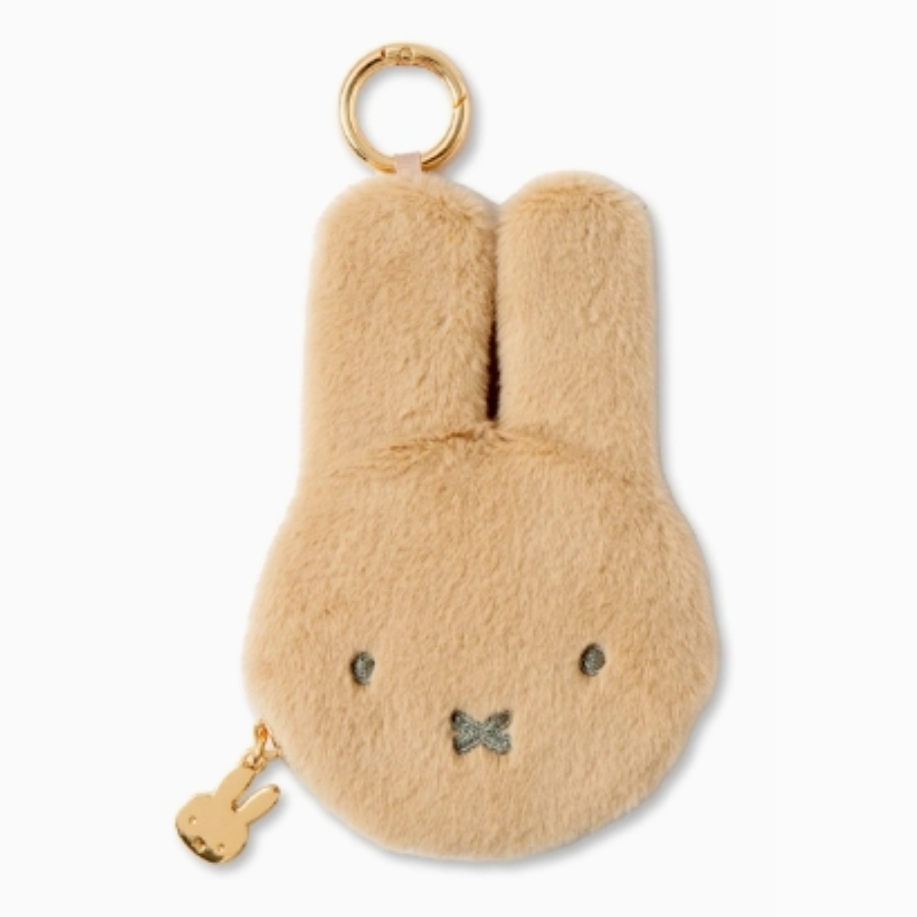 Beige plush bunny-shaped keychain with a gold ring on a white background