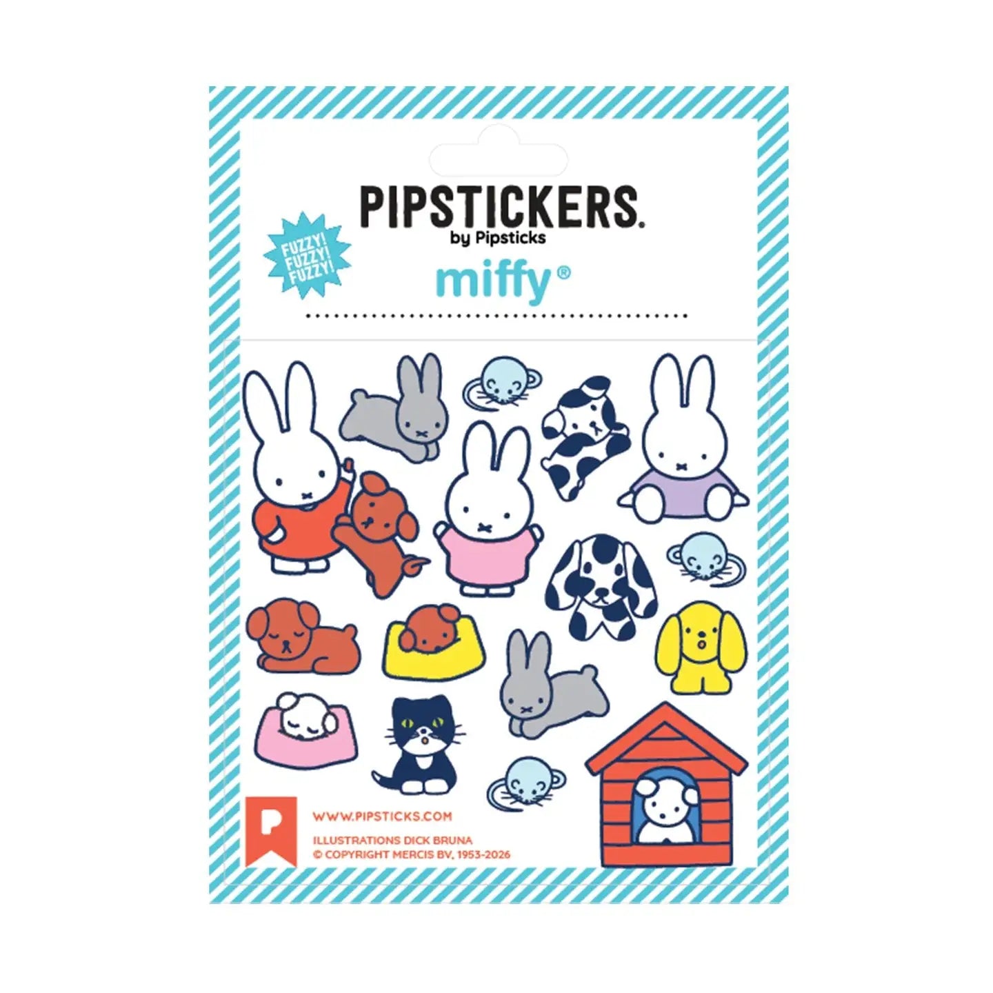 Pipsticks by Pipsticks Miffy sticker sheet featuring various cartoon animal characters and a doghouse on a white background with a blue striped border.