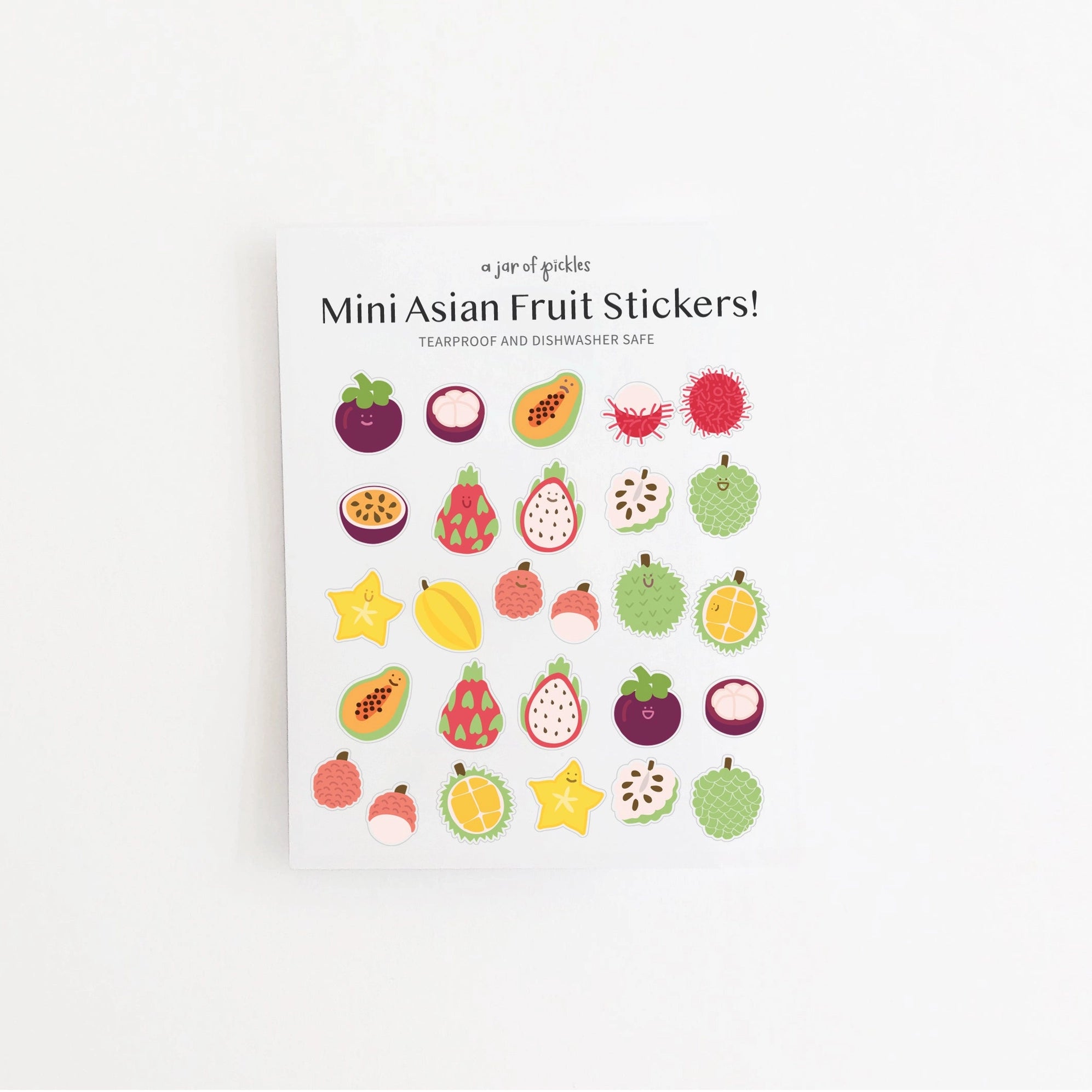A sheet of fruit-themed stickers titled 'Mini Asian Fruit Stickers!' shown against a plain white background. The stickers feature illustrated fruits such as durian, papaya, star fruit, lychee, and dragon fruit in bright colors.