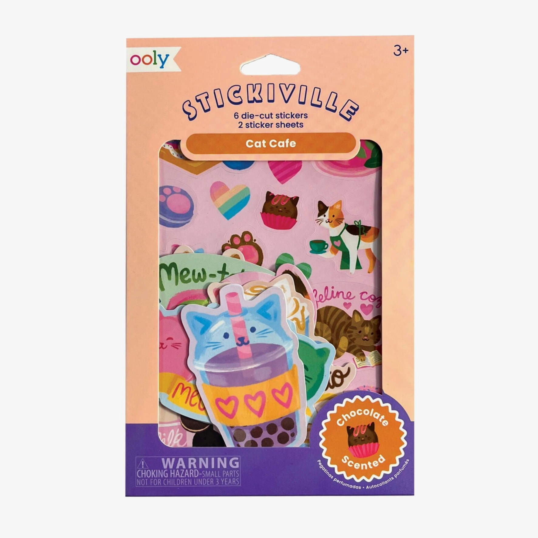 Package of Ooly Mini Cat Cafe Scented Stickers showing die-cut stickers with cat-themed designs, and a mini sticker sheet, predominantly pink and orange in color.