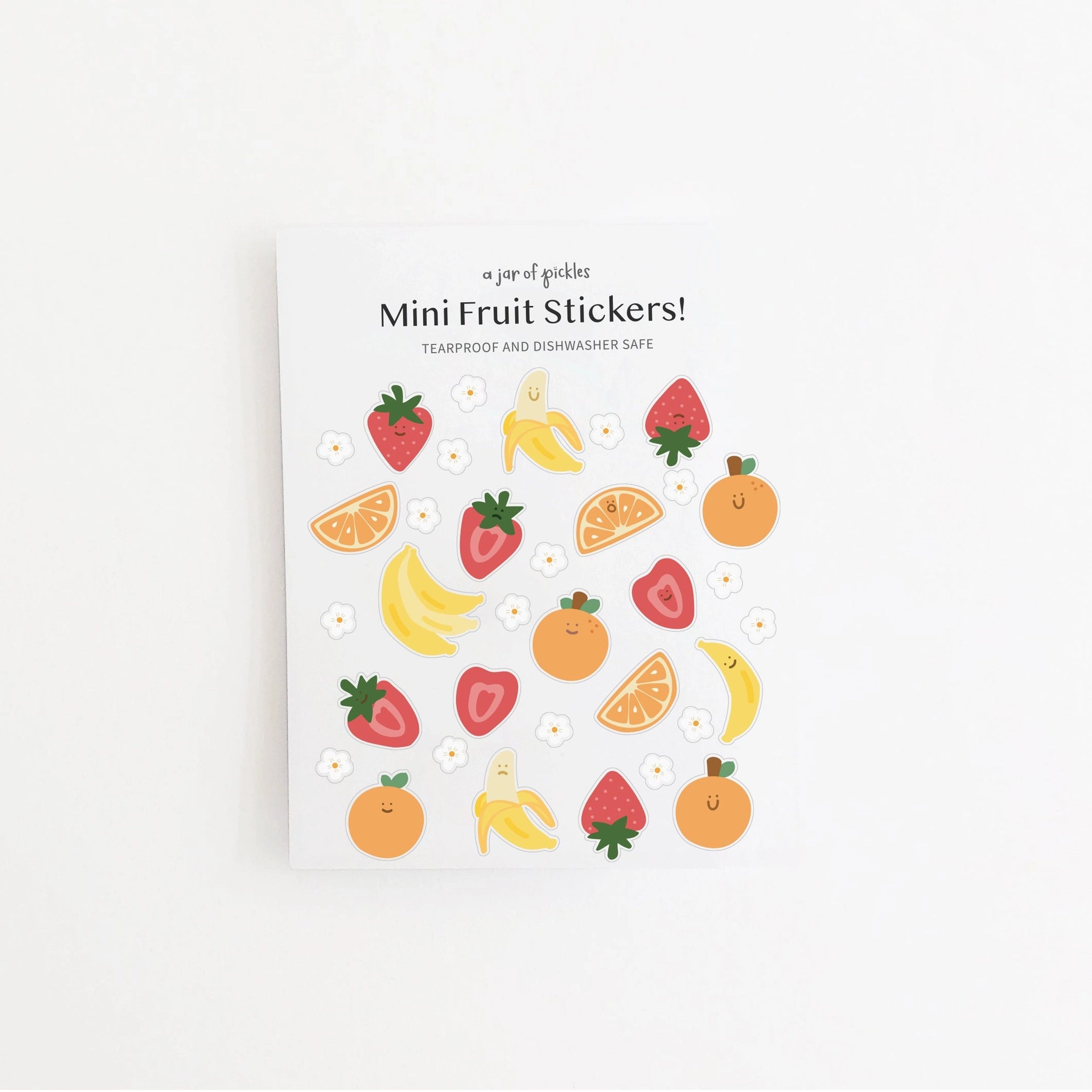 A sheet of mini fruit stickers featuring cute illustrated strawberries, bananas, oranges, and citrus slices on a white background, with the text 'Mini Fruit Stickers!' at the top.