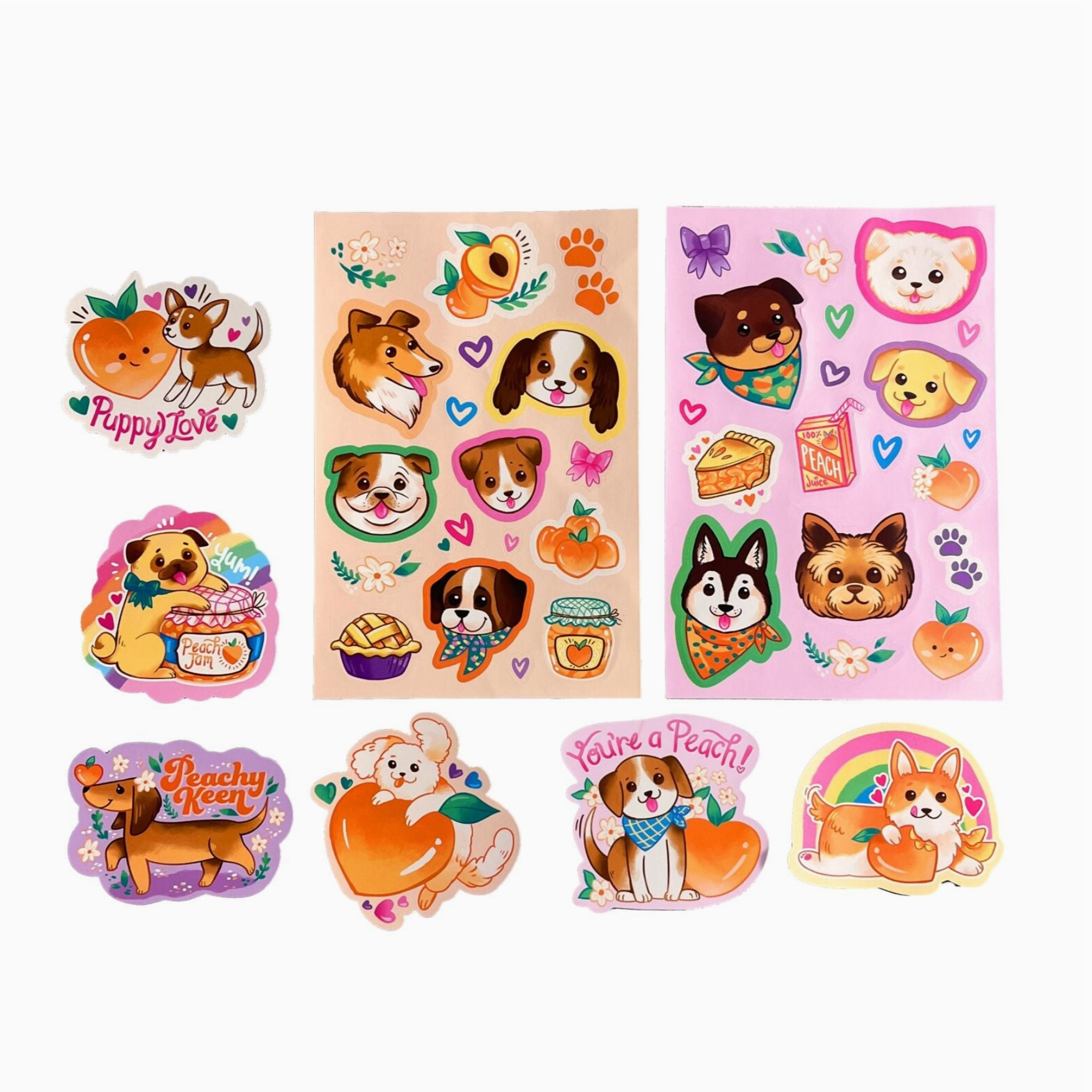 A set of colorful illustrations of puppies and peaches. The packaging indicates that it contains die-cut stickers and mini stickers, with a 'Peach' scent theme.