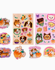 A set of colorful illustrations of puppies and peaches. The packaging indicates that it contains die-cut stickers and mini stickers, with a 'Peach' scent theme.