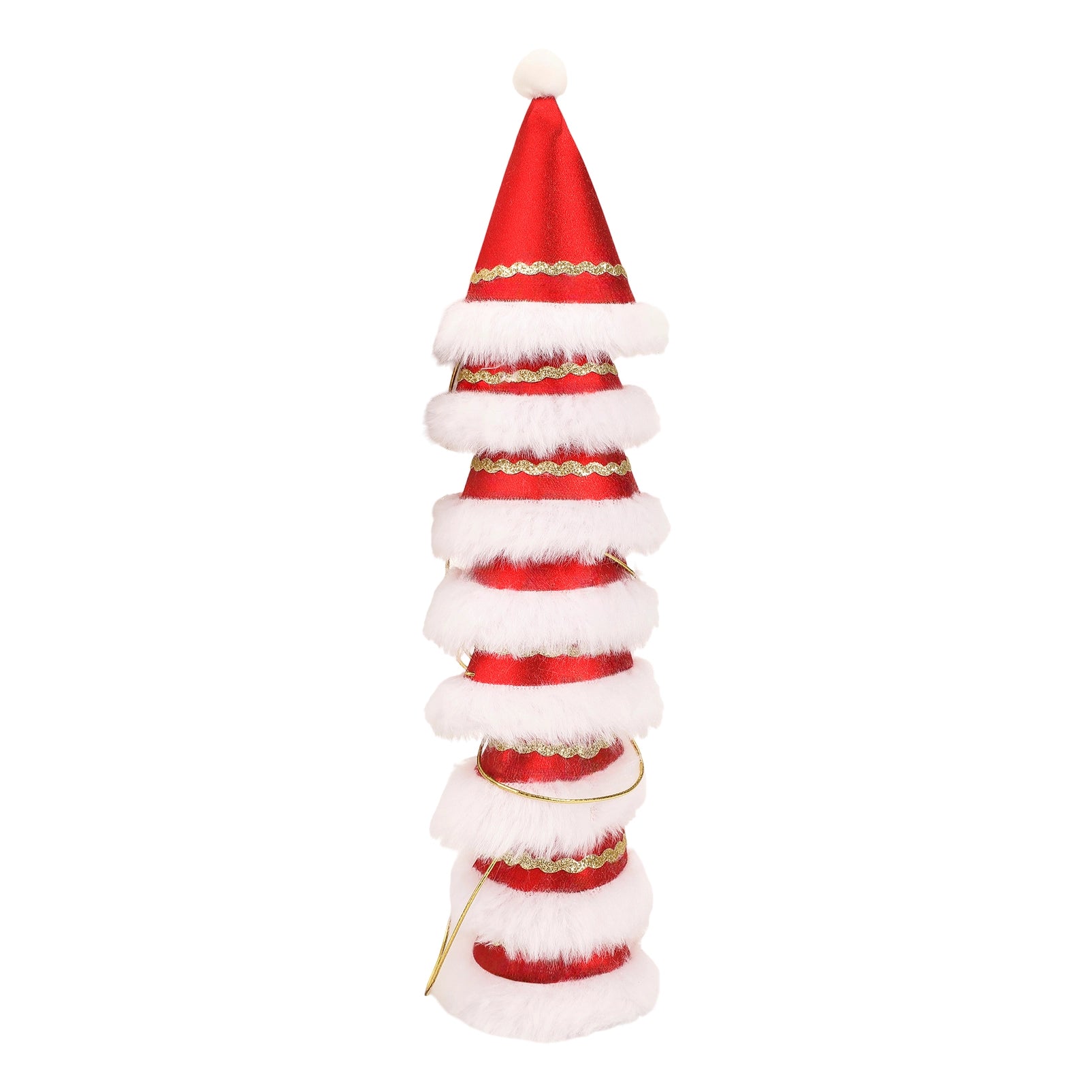 Red and white striped Christmas hat with gold accents on a white background