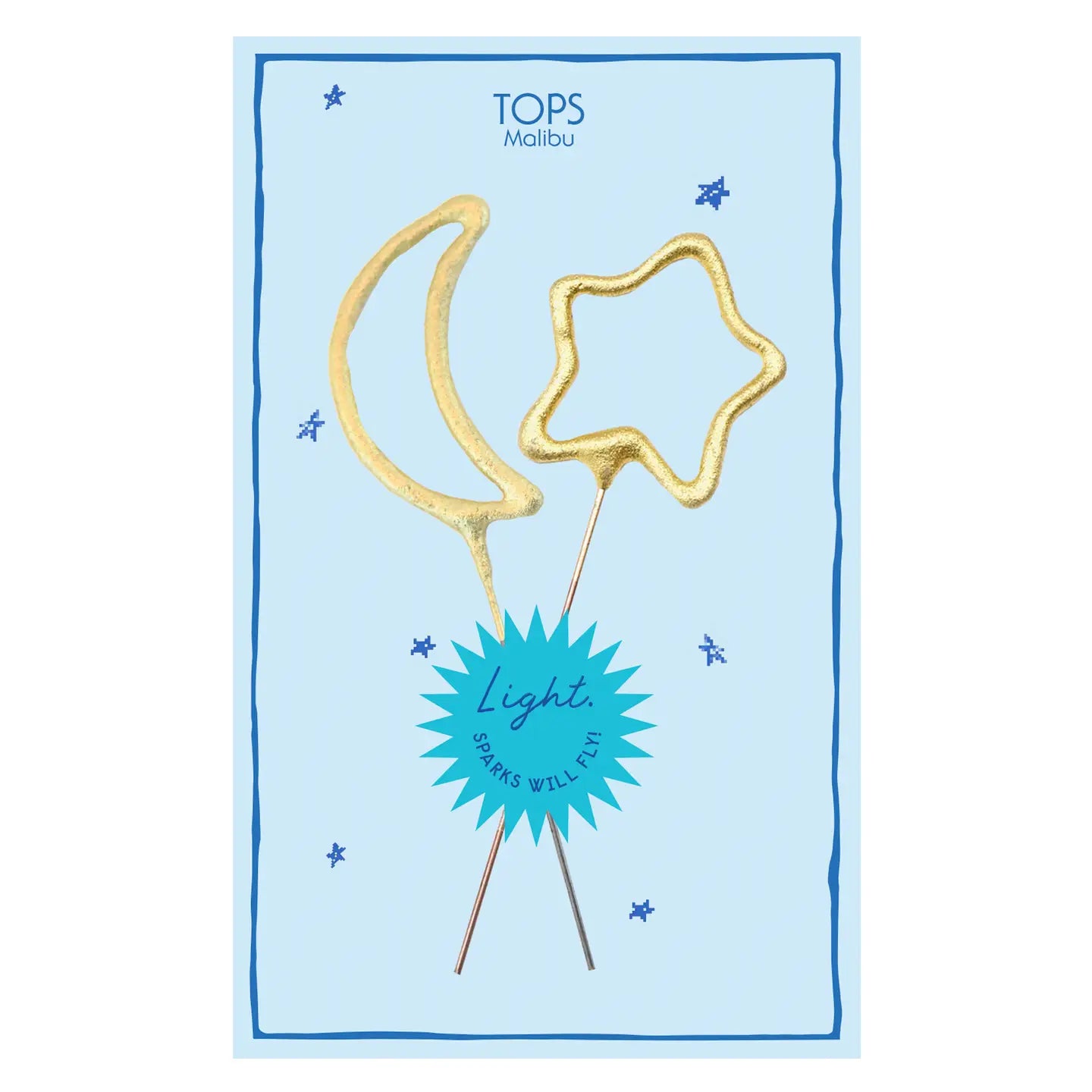 Packaging for a Mini Sparkler Candle with a moon and star design, from the brand TOPS MALIBU.