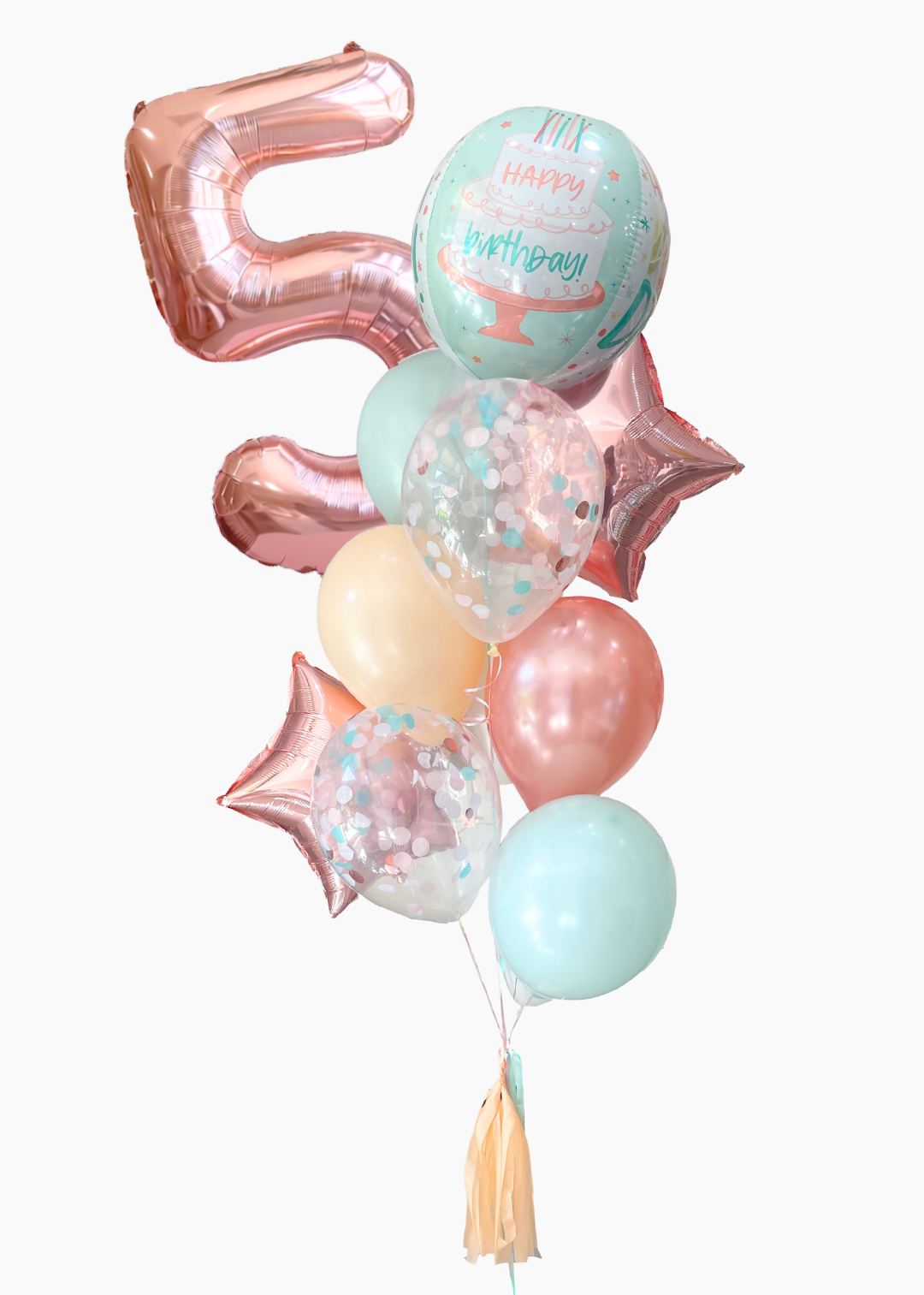 A pastel birthday balloon bouquet featuring a metallic rose gold foil balloon shaped like the number 5, a round mint balloon with a cake illustration and 'Happy Birthday' text, two metallic rose gold star balloons, two clear balloons filled with pastel confetti, two matte pastel balloons in peach and mint, and a beige tassel at the bottom, isolated on a white background.
