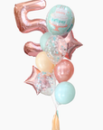A pastel birthday balloon bouquet featuring a metallic rose gold foil balloon shaped like the number 5, a round mint balloon with a cake illustration and 'Happy Birthday' text, two metallic rose gold star balloons, two clear balloons filled with pastel confetti, two matte pastel balloons in peach and mint, and a beige tassel at the bottom, isolated on a white background.