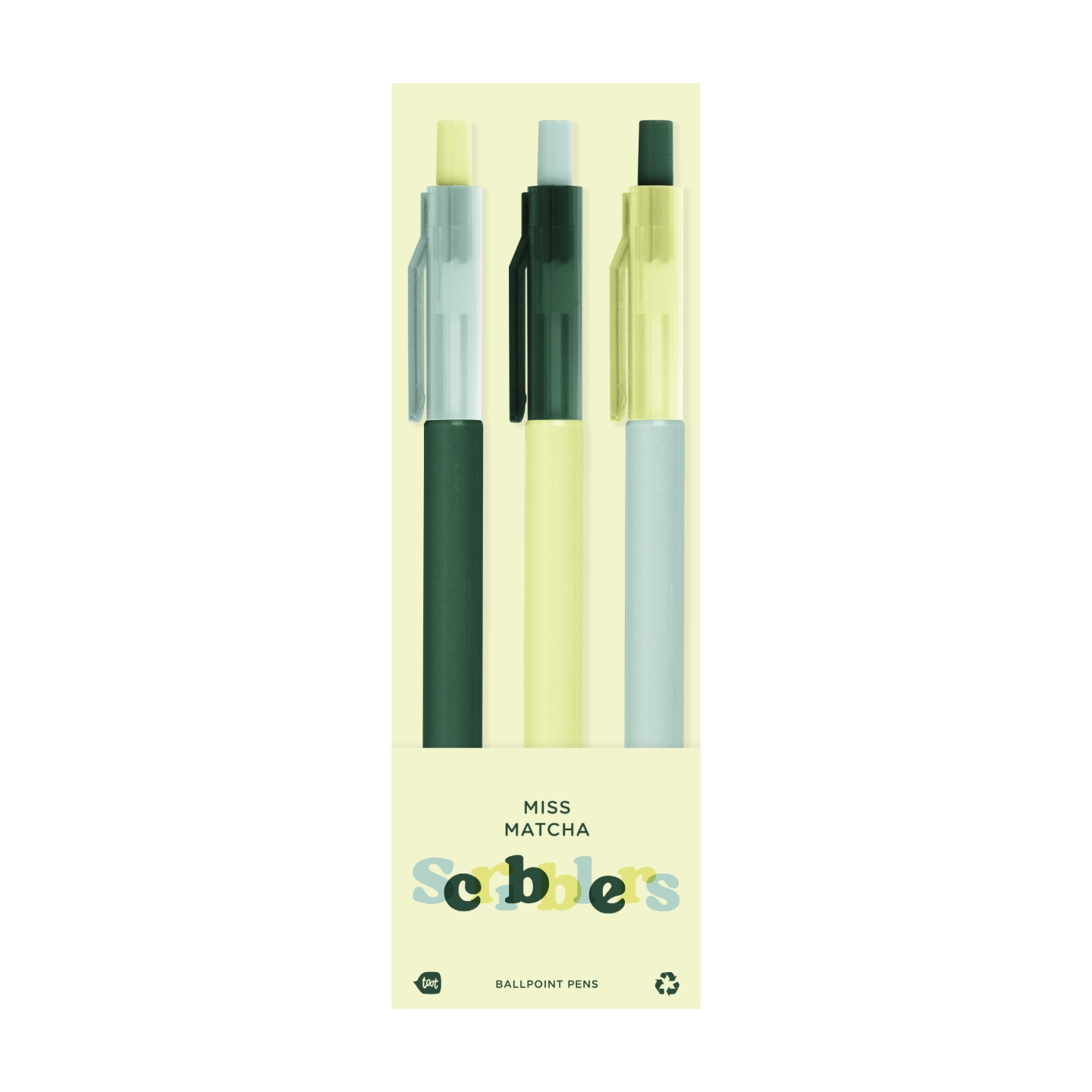 Set of three ballpoint pens in green, black, and clear packaging on a white background