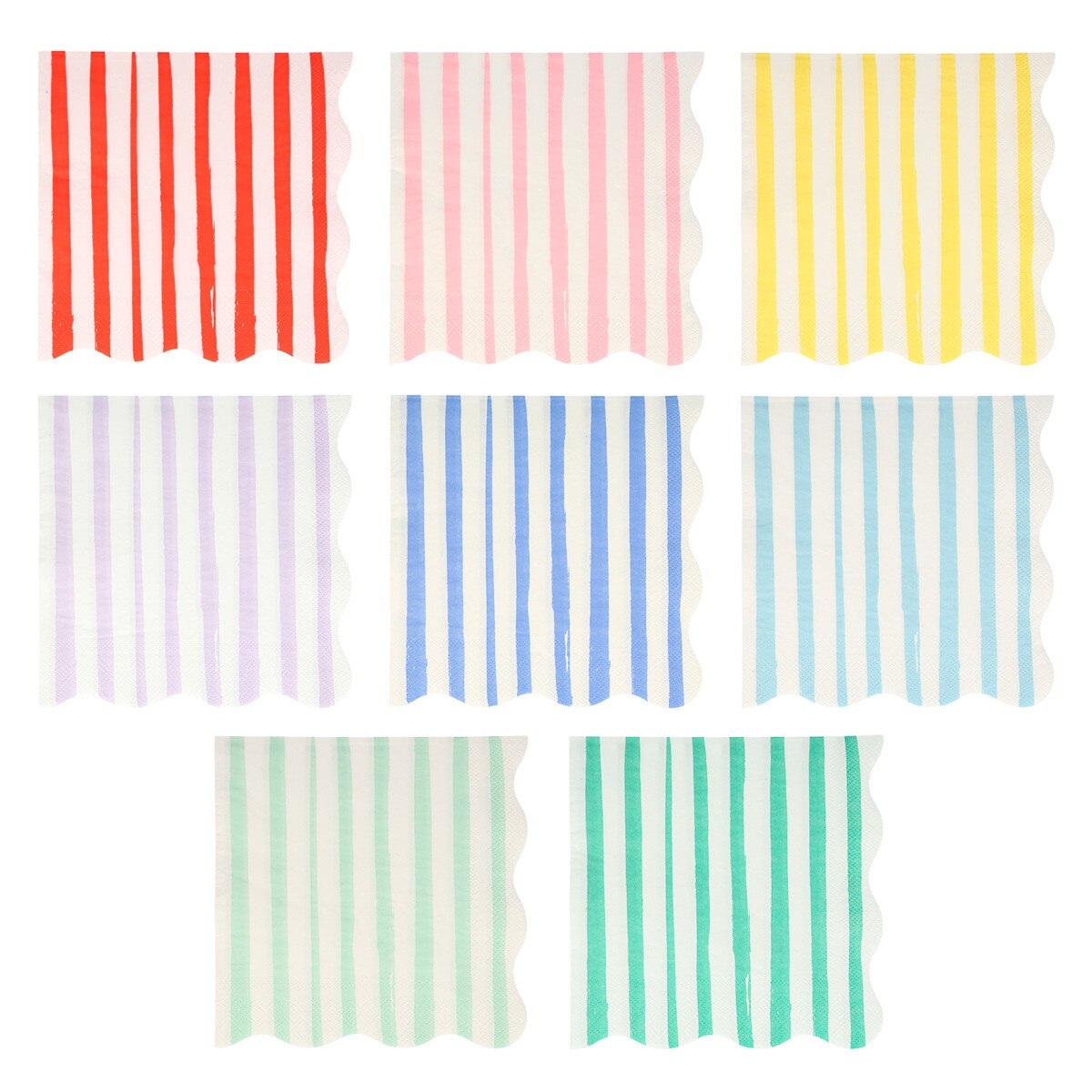 set of 8 striped napkins with scalloped edge in various colors on white background
