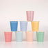 A set of 8 paper cups in various solid colors including pink, blue, yellow, and green, each with a wavy line design on the border.