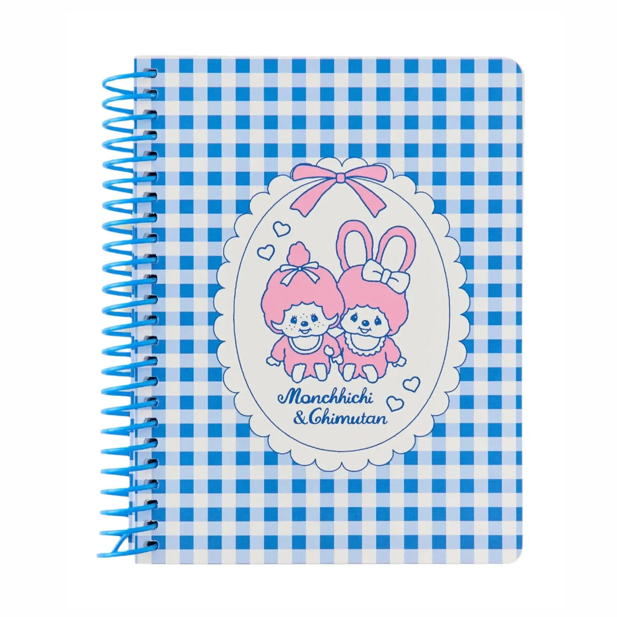 A spiral-bound notebook with a blue and white gingham pattern cover, featuring a central white scalloped oval illustration of two pink cartoon characters and the text 'Monchichi & Chimun'.