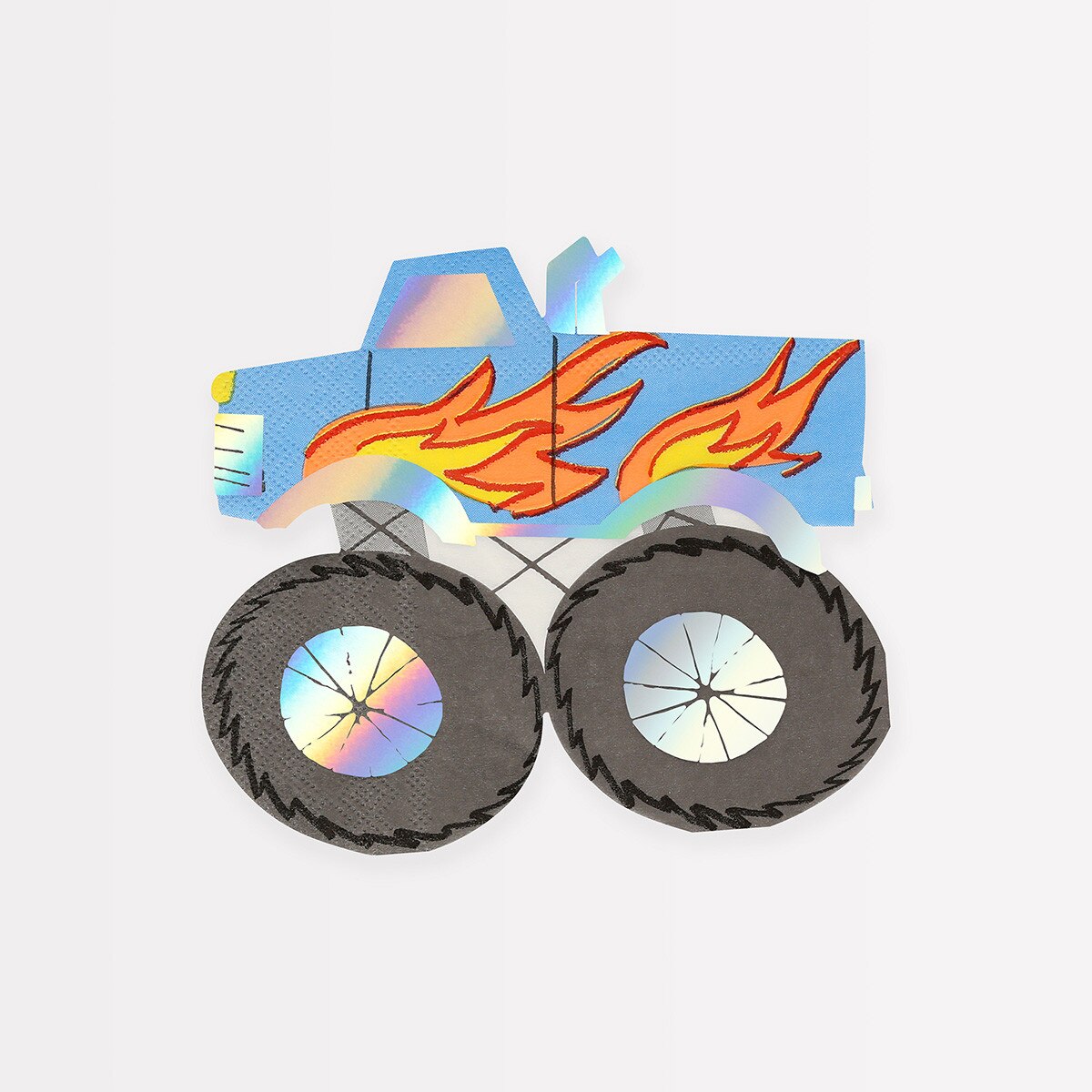 Colorful monster truck napkins with flames on a white background
