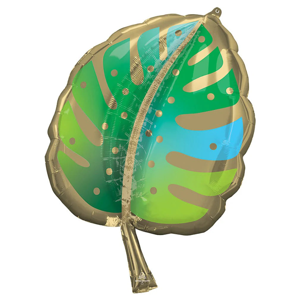 Decorative leaf-shaped balloon with green, blue, and gold colors on a white background