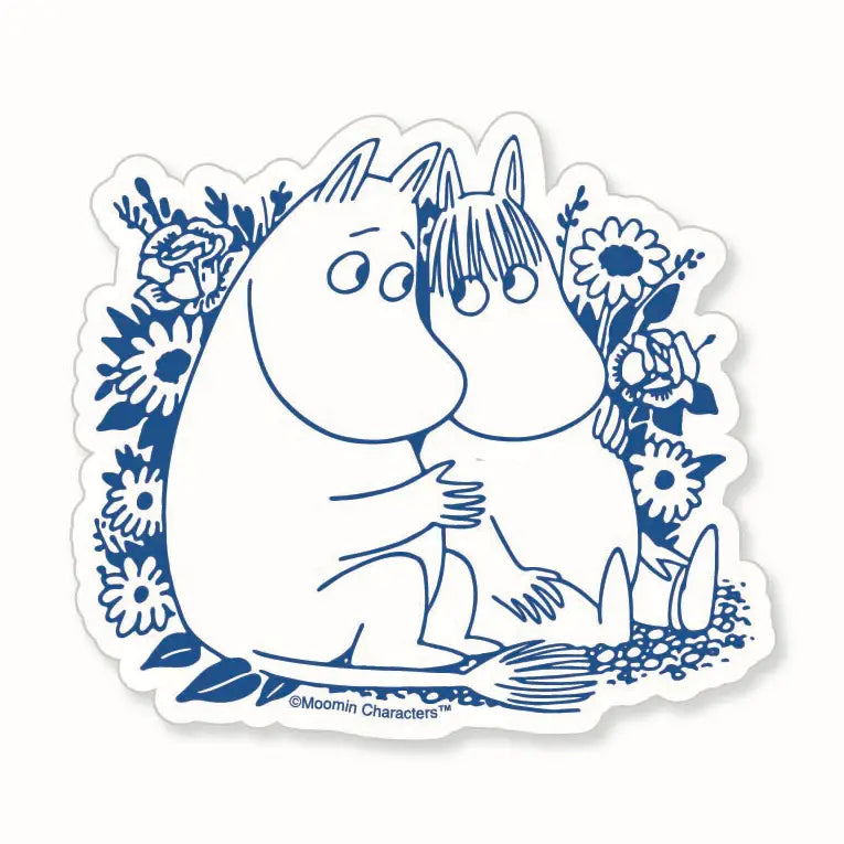 A die-cut sticker featuring a blue line art illustration of two Moomin characters hugging, surrounded by blue flowers, on a white background