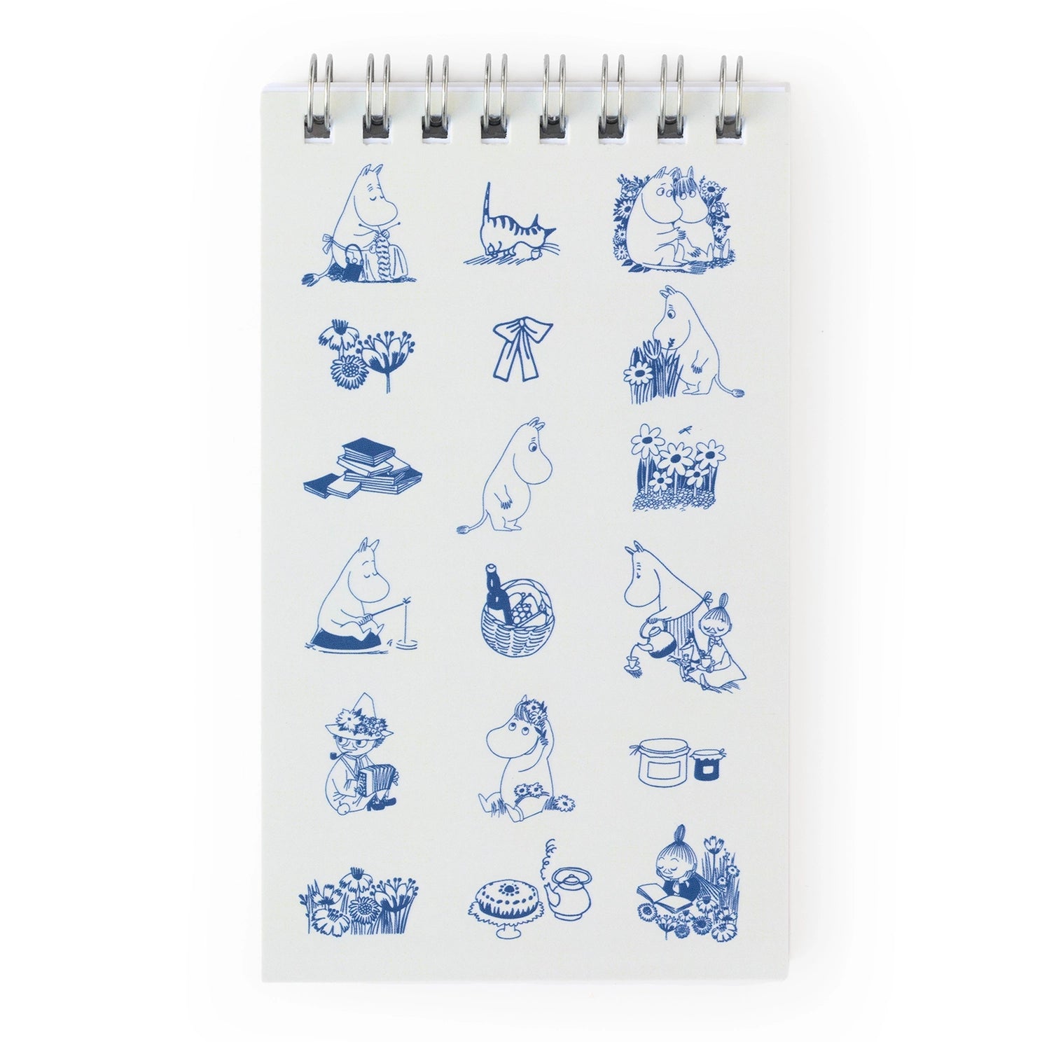Small notebook with blue Moomin illustrations on a white background