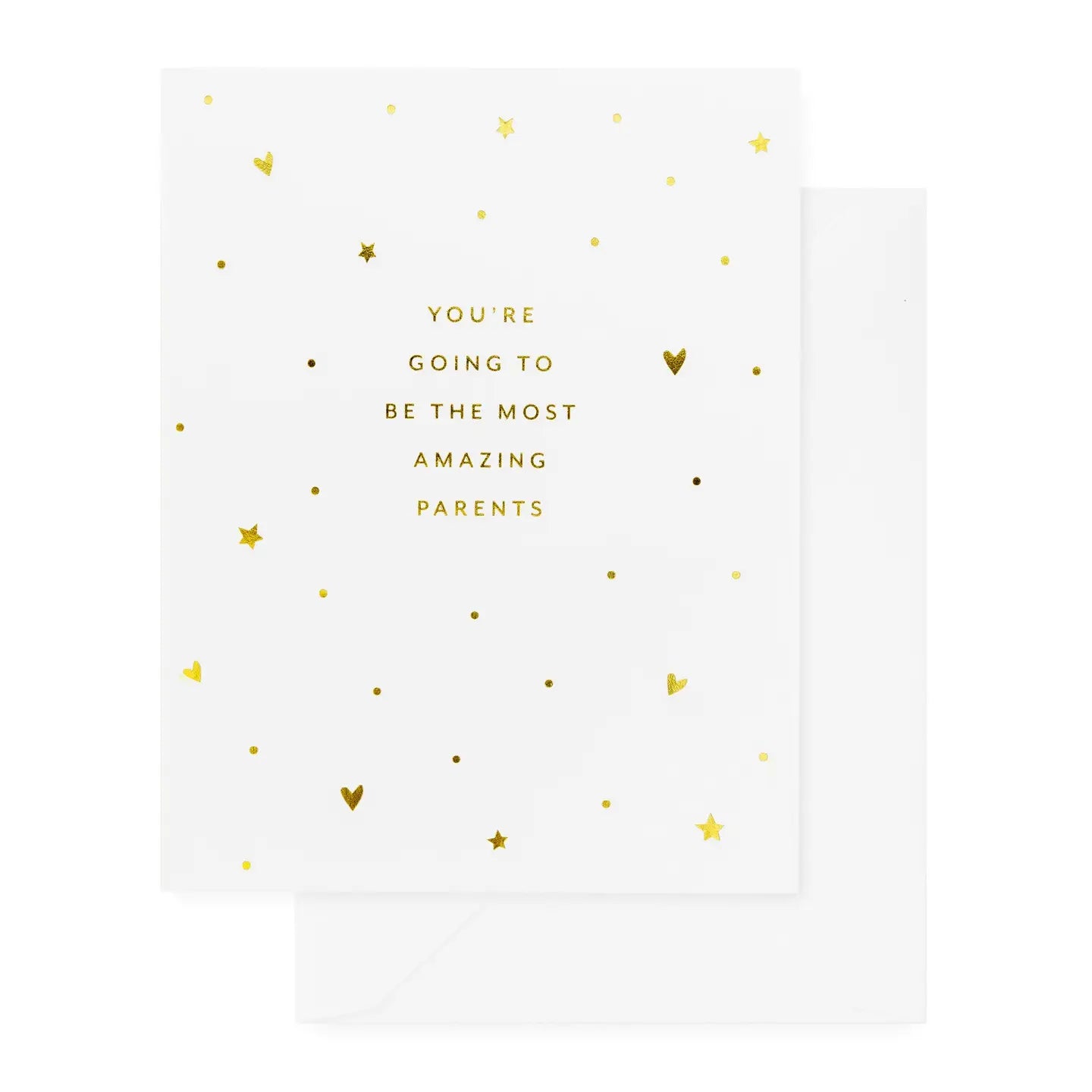 Greeting card with gold text and stars on a white background