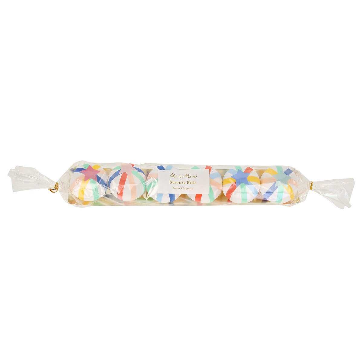 package of 6 surprise ball favors with colorful stripe pattern and star detail