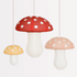 Three mushroom shaped lanterns in yellow, red and pink.