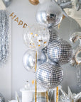 a set of round metallic balloons in silver, disco and confetti