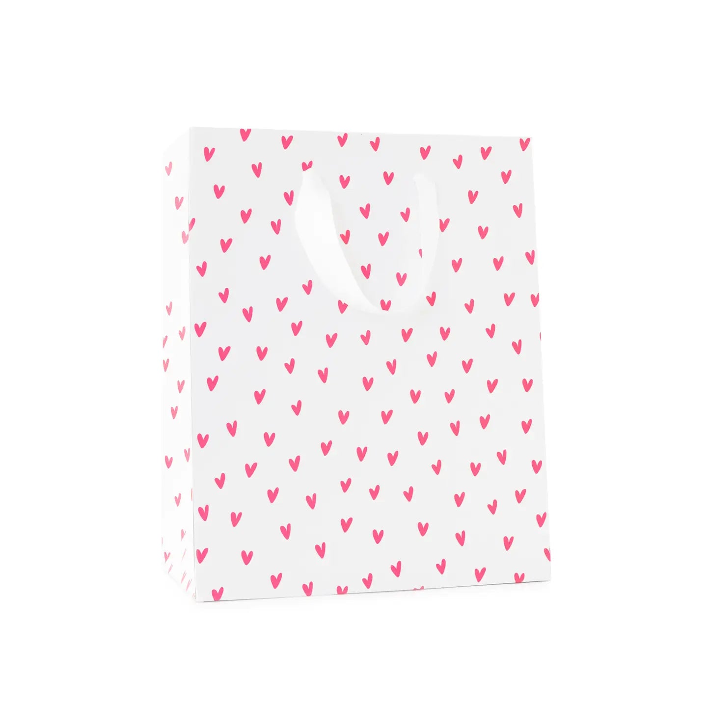 White paper bag with neon pink heart pattern on a white background