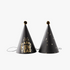 Two black party hats with 'Happy New Year' text and star decorations, with golden bows on top.
