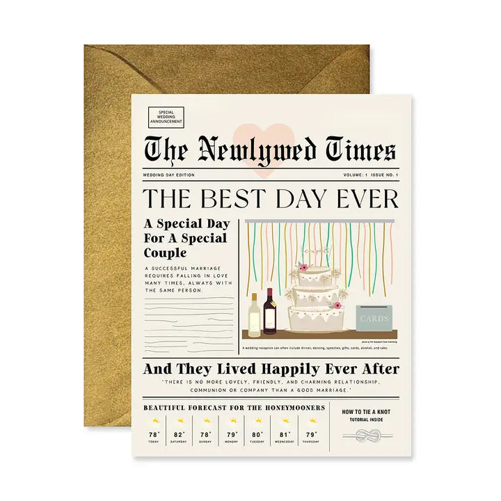 Newspaper-style wedding invitation with gold envelope