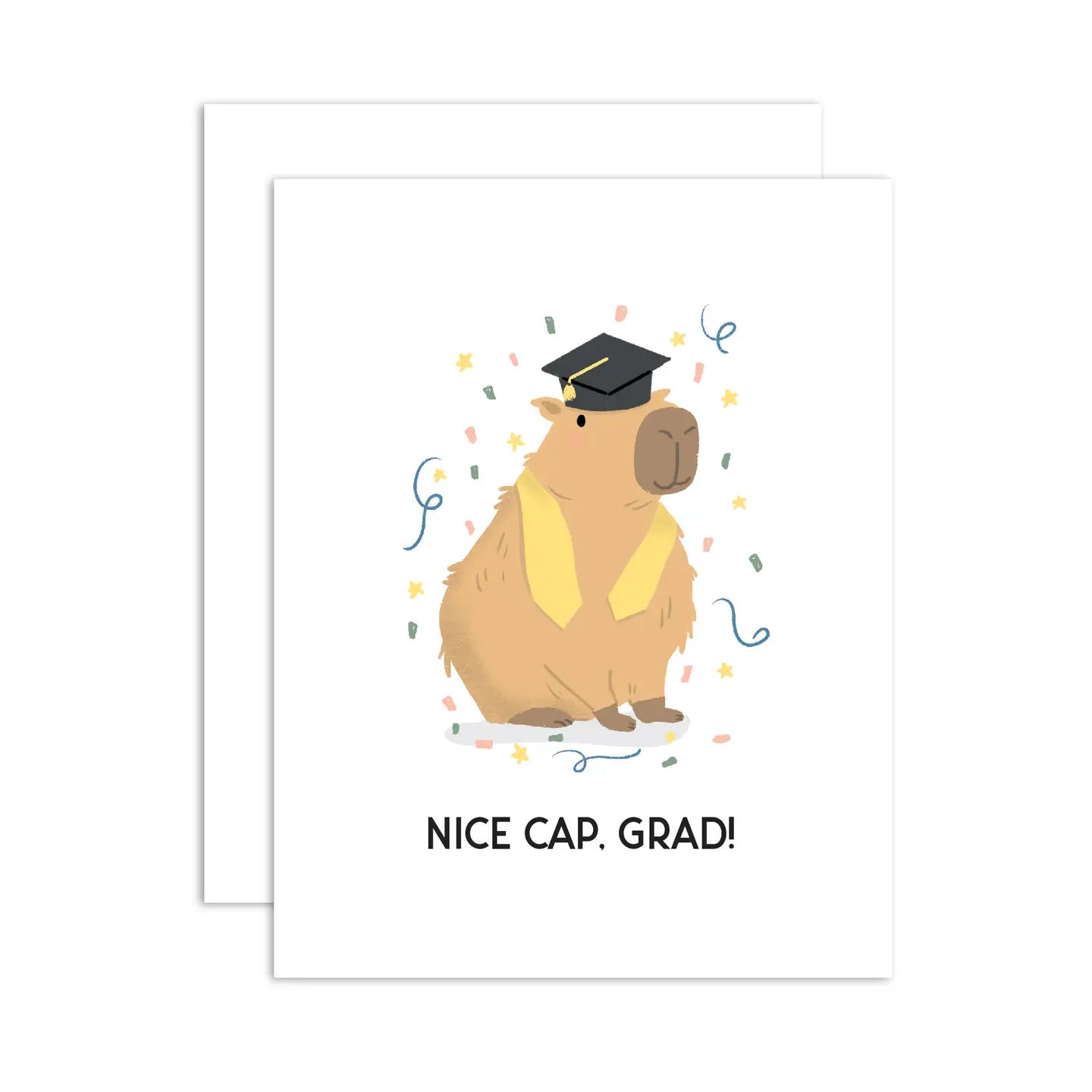 graduation card featuring capybara wearing grad cap with text "nice cap, grad!"