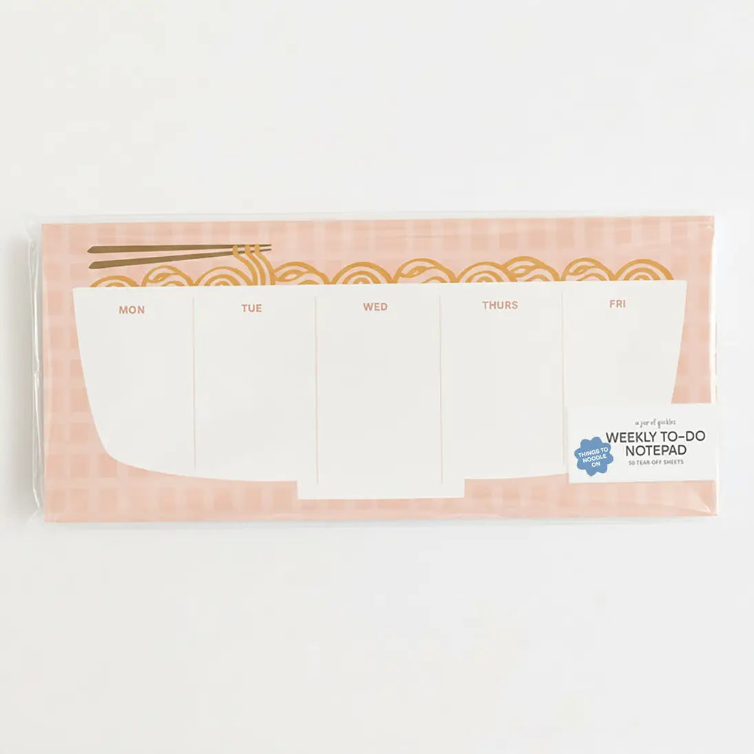 Weekly to-do notepad with a noodle motif on a white background