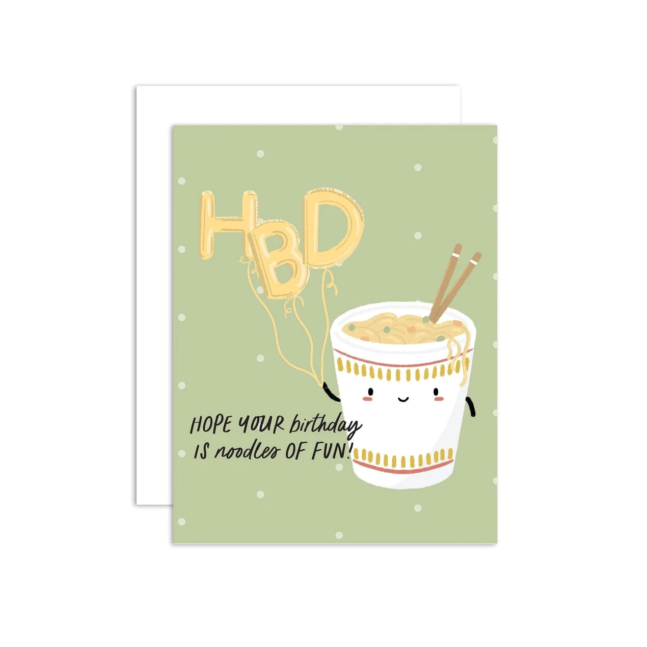 A greeting card with an illustration of a cartoon character holding a bowl of noodles, with the text 'Happy BD' and 'hope your birthday is ND of fun'.
