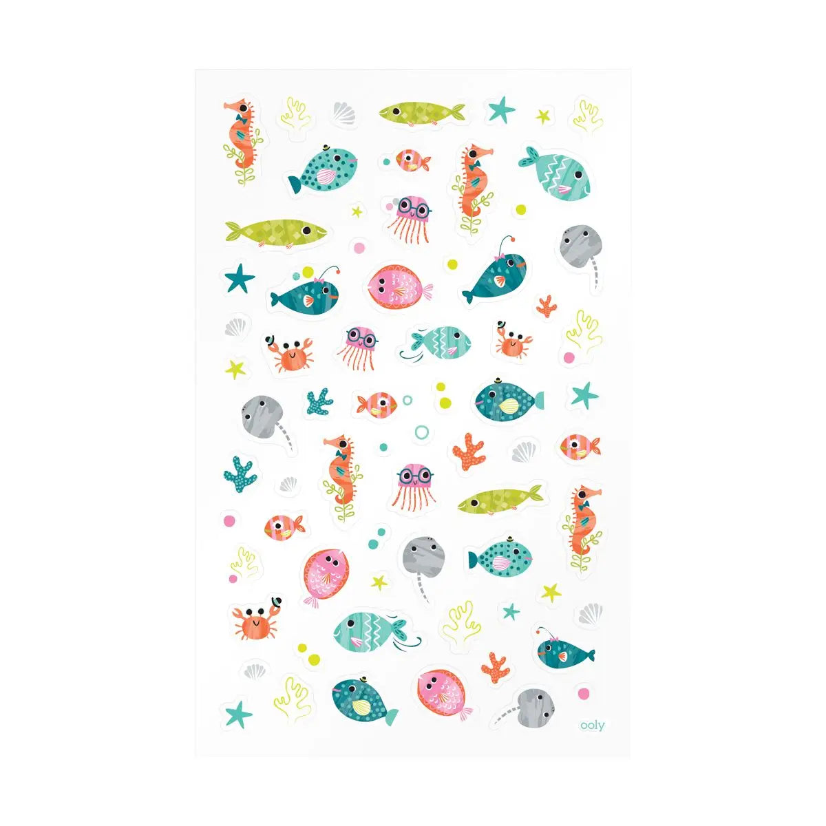 Colorful underwater animal stickers on a white background, featuring fishes, crabs, shells, rays, jellyfishes