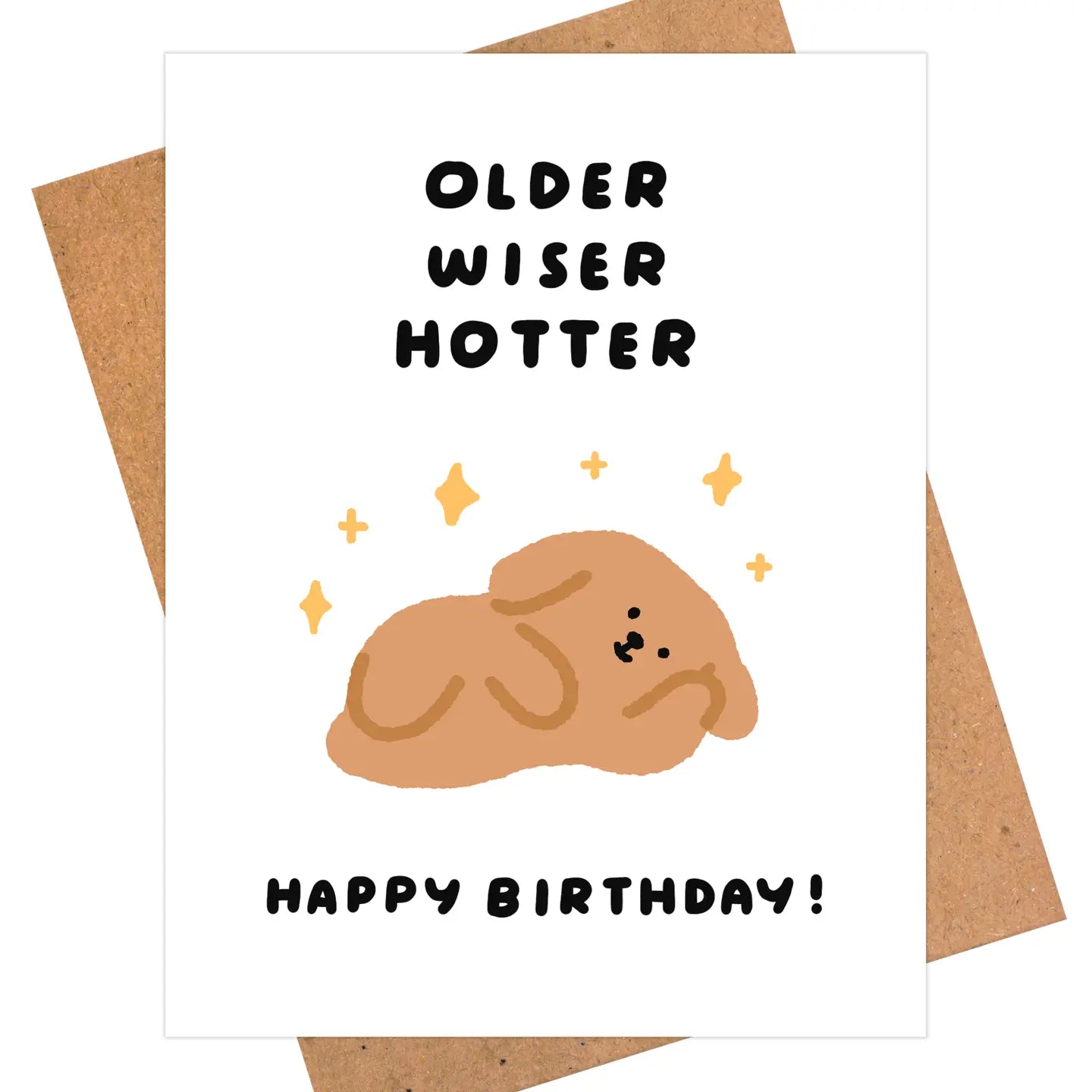 Birthday card with a cartoon dog and humorous text on a white background