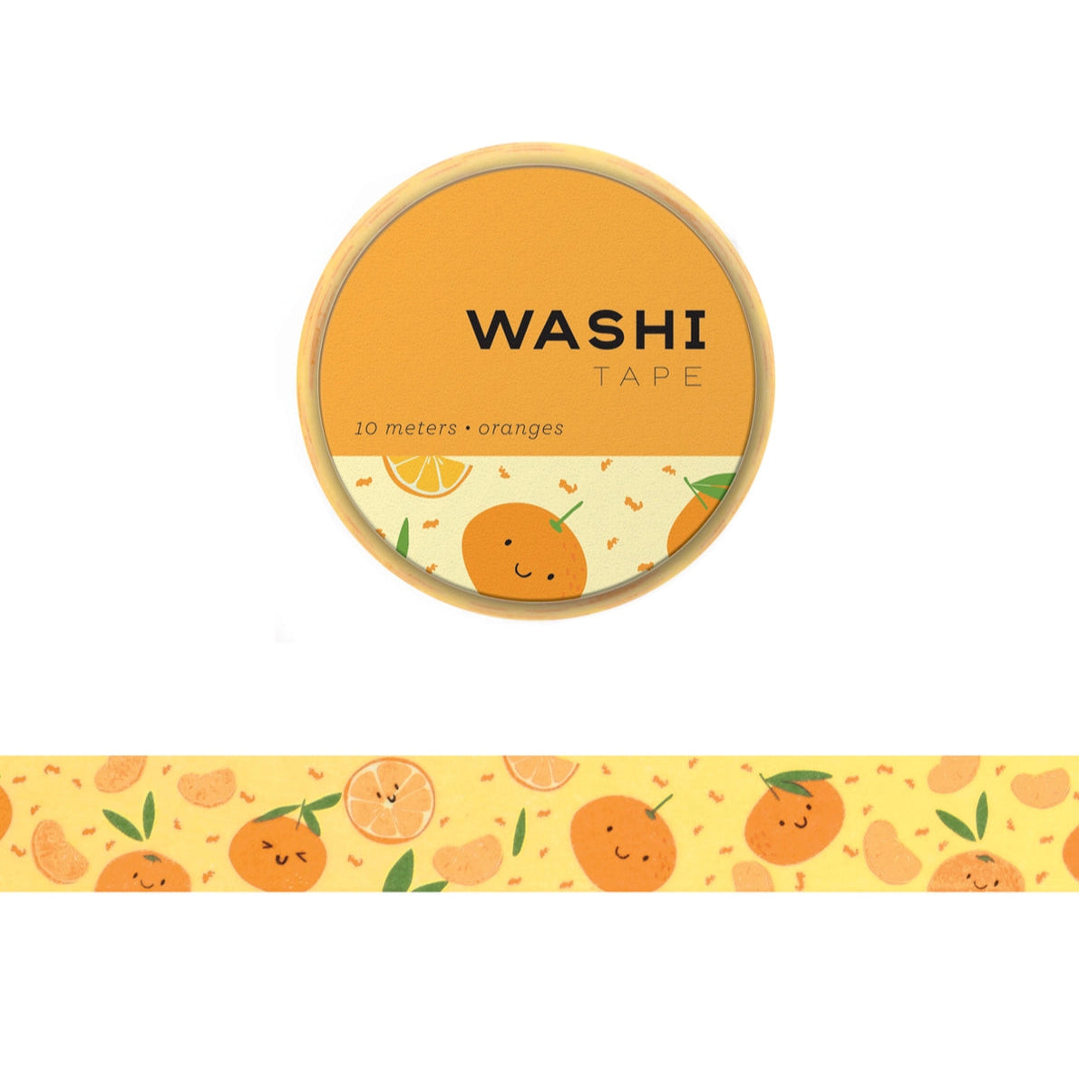 Roll of washi tape with a pattern of orange fruit illustrations on a yellow background, with the brand name 'WASHI TAPE' displayed.