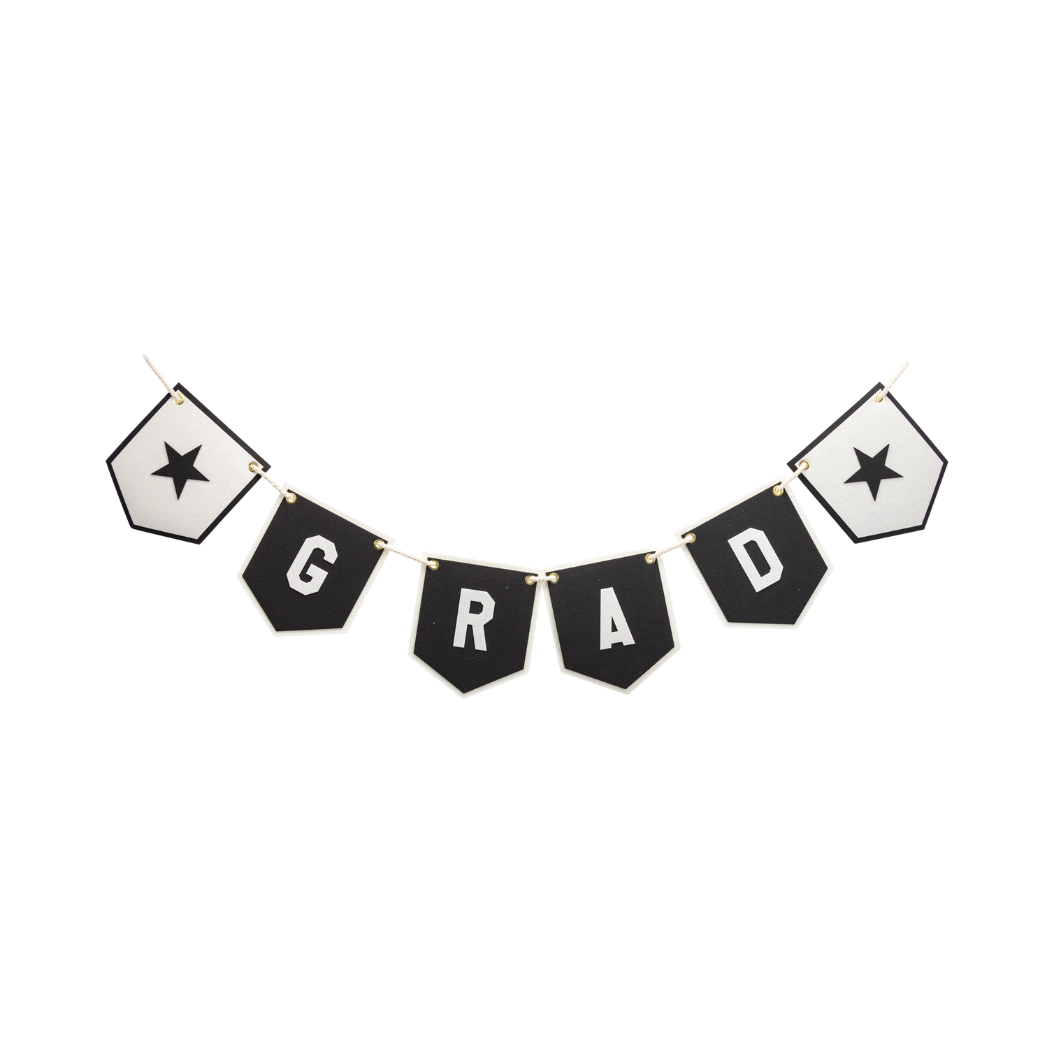 Graduation-themed banner with black and white flags spelling 'GRAD' on a white background.