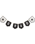 Graduation-themed banner with black and white flags spelling 'GRAD' on a white background.