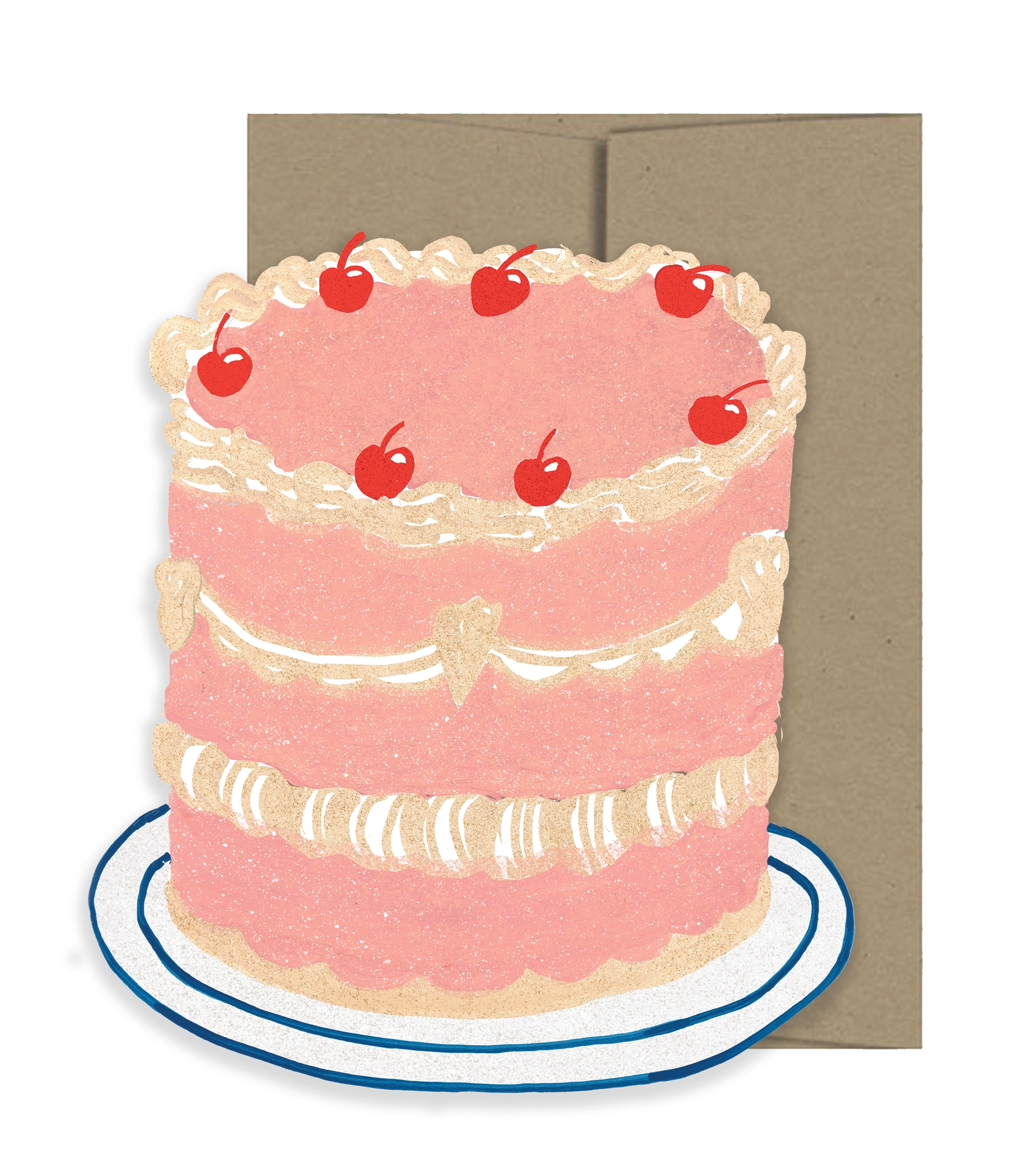 Card with a pink cake illustration featuring cherries on top, on a white background.