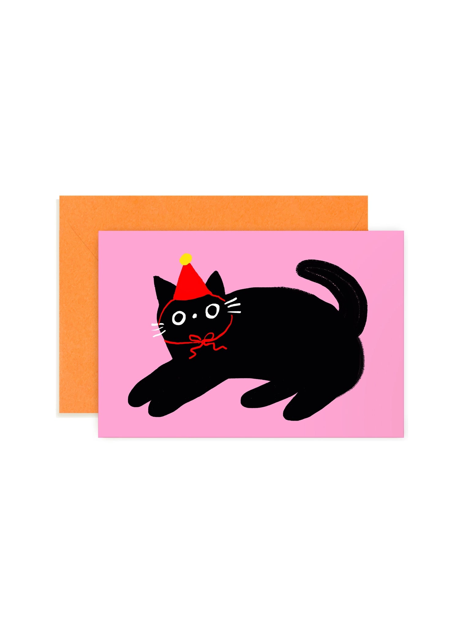 Greeting card with a black cat wearing a red party hat on a pink background, with an orange envelope.